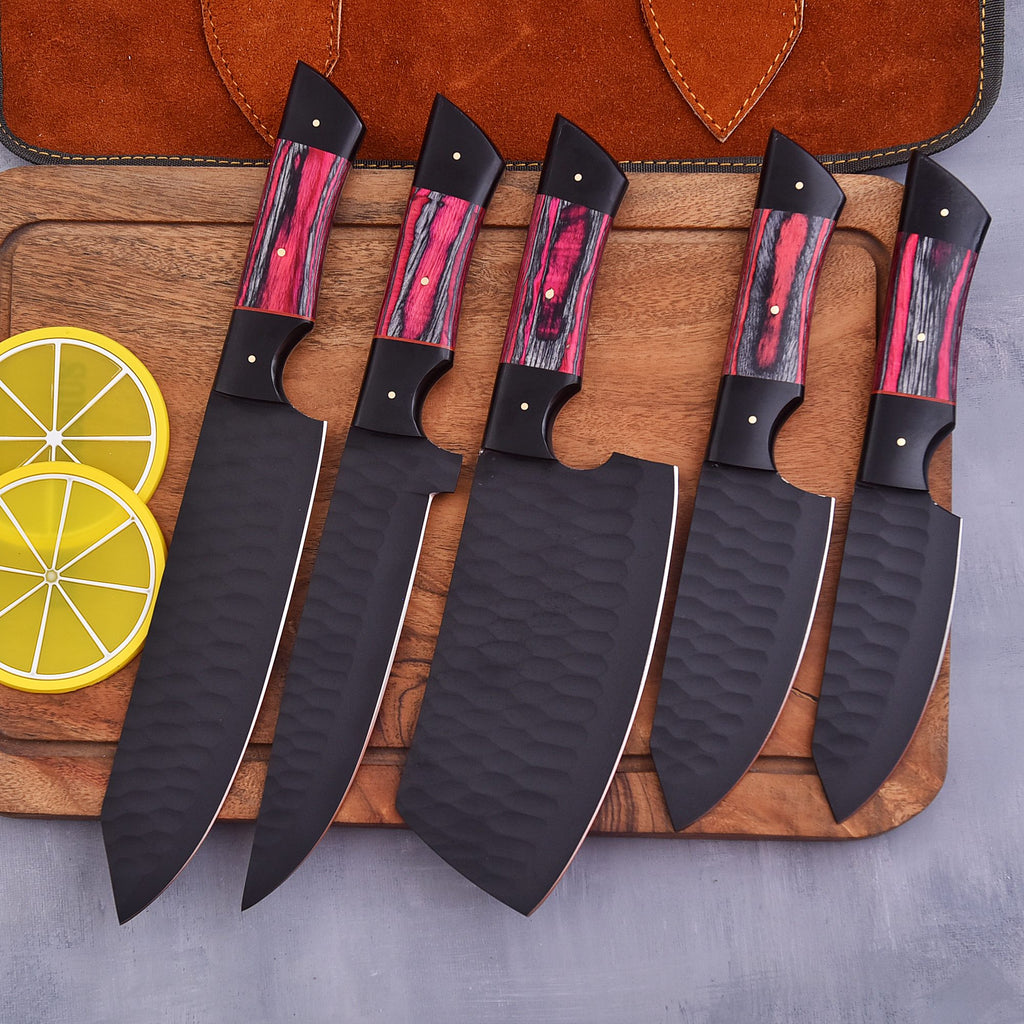 Professional 5-Piece Black Kitchen Knife Set | Red & Black Handles