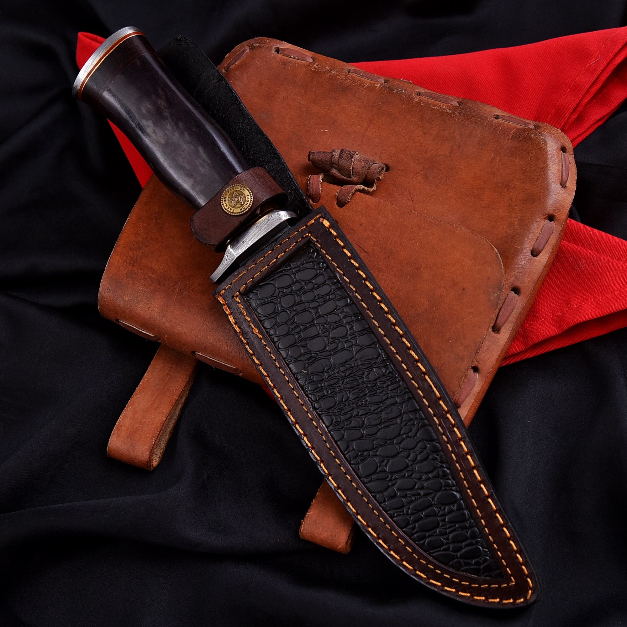 Handmade Damascus Bowie Knife – Dyed Bone Handle & Leather Sheath
