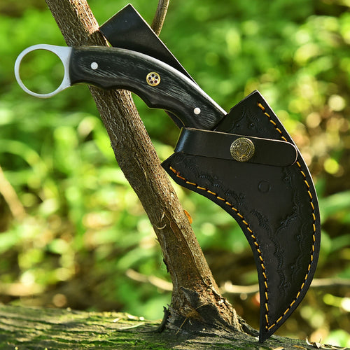 Curved Ring-Handle Fixed Blade Knife – Black Handle & Leather Sheath-Damascus Karambit Knife