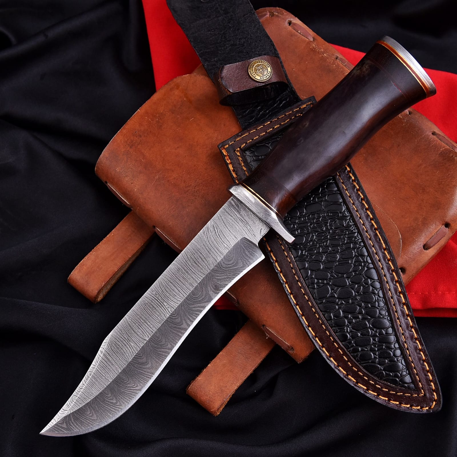Handmade Damascus Bowie Knife – Dyed Bone Handle & Leather Sheath