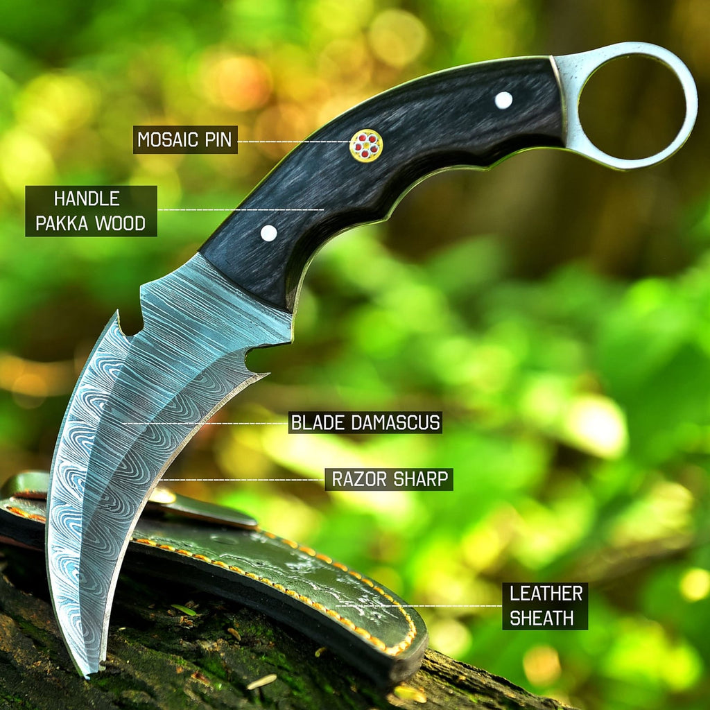 Curved Ring-Handle Fixed Blade Knife – Black Handle & Leather Sheath-Damascus Karambit Knife